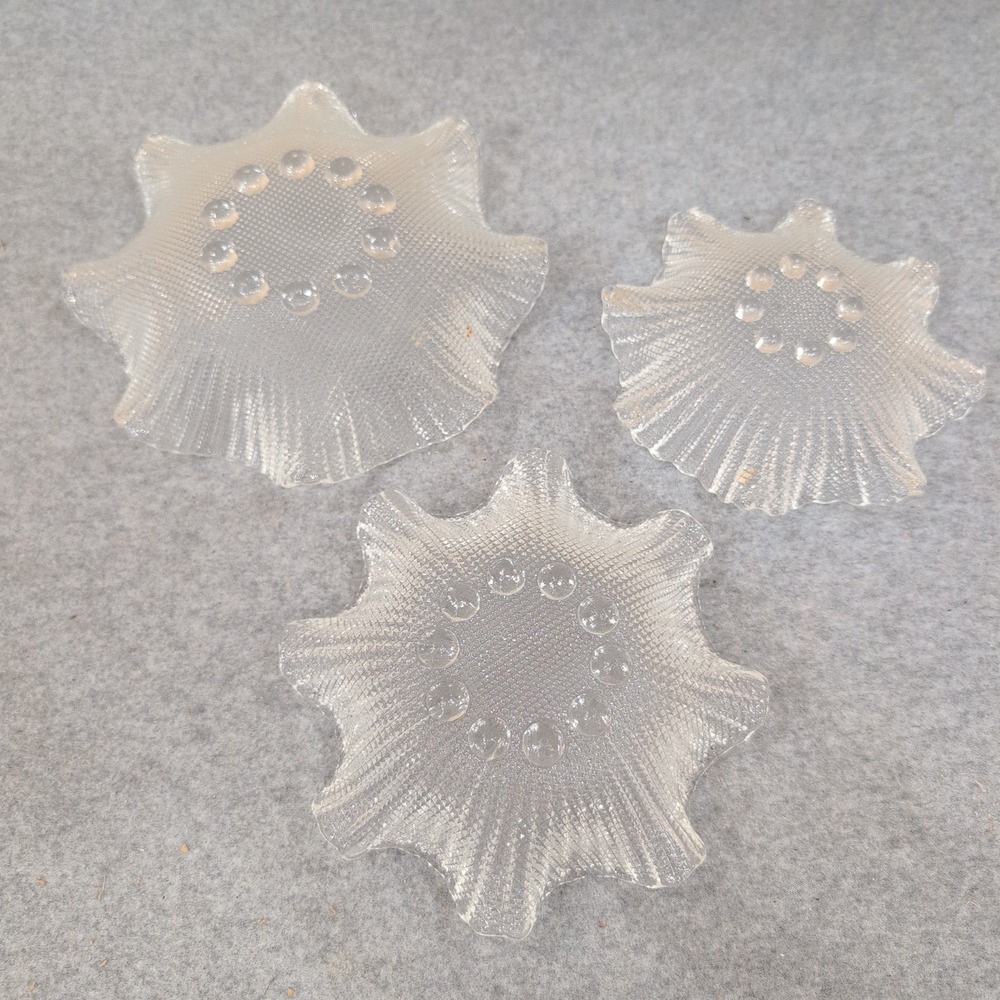 Vintage Clear Textured Ruffled Glass Bowls Set of 3 Bubble Base Trinket Dishes - Picture 8 of 8